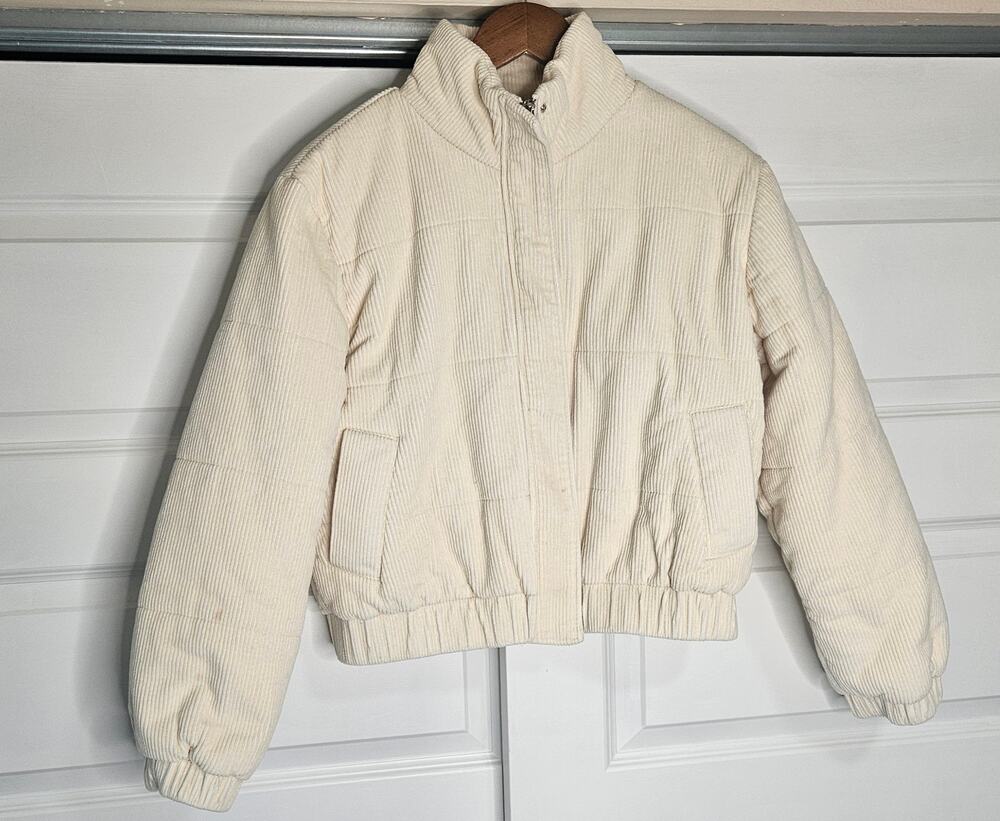 Mod Ref Wide Wale Corduroy Puffer Jacket Cream Cropped Funnel Neck Medium